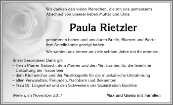 Traueranzeige von Paula Rietzler von Allgäuer Zeitung, Kaufbeuren/Buchloe