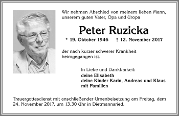 Traueranzeige von Peter Ruzicka von Allgäuer Zeitung,Kempten