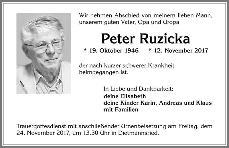  Traueranzeige für Peter Ruzicka vom 18.11.2017 aus Allgäuer Zeitung,Kempten
