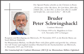 Traueranzeige von Peter Schwingshackl von Der Westallgäuer