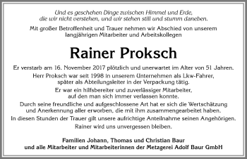 Traueranzeige von Rainer Proksch von Allgäuer Zeitung, Marktoberdorf