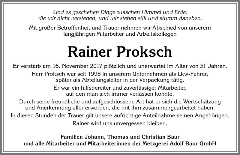  Traueranzeige für Rainer Proksch vom 23.11.2017 aus Allgäuer Zeitung, Marktoberdorf