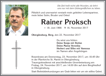 Traueranzeige von Rainer Proksch von Allgäuer Zeitung, Marktoberdorf