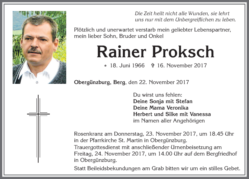  Traueranzeige für Rainer Proksch vom 22.11.2017 aus Allgäuer Zeitung, Marktoberdorf