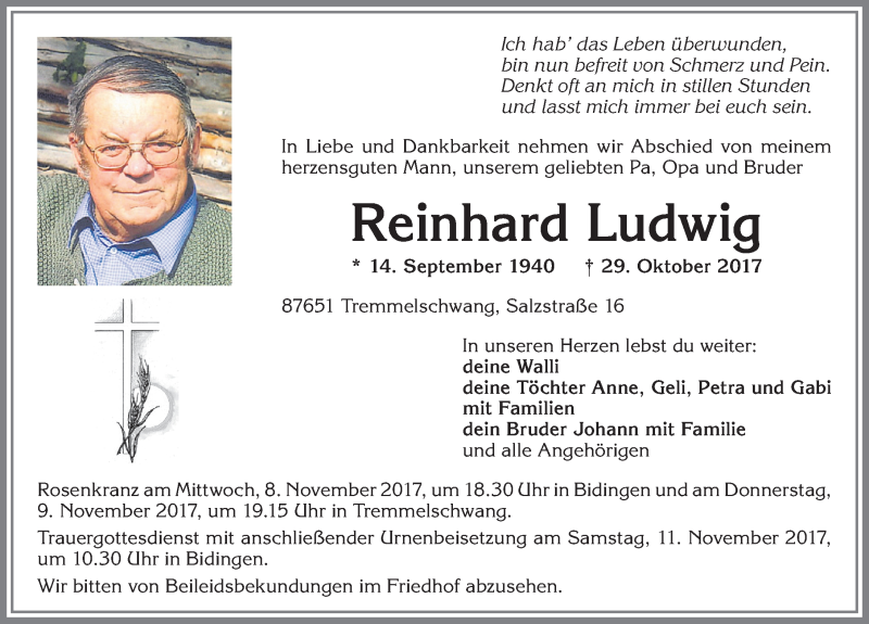  Traueranzeige für Reinhard Ludwig vom 06.11.2017 aus Allgäuer Zeitung, Marktoberdorf