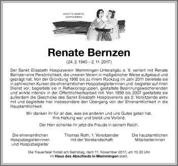 Traueranzeige von Renate Bernzen von Memminger Zeitung