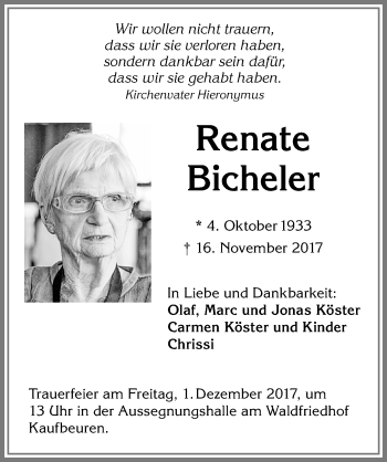 Traueranzeige von Renate Bicheler von Allgäuer Zeitung, Kaufbeuren/Buchloe