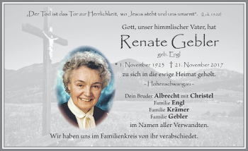 Traueranzeige von Renate Gebler von Allgäuer Zeitung, Füssen