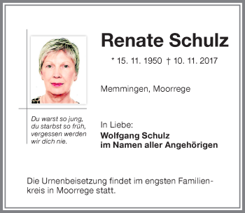 Traueranzeige von Renate Schulz von Memminger Zeitung