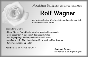 Traueranzeige von Rolf Wagner von Allgäuer Zeitung, Kaufbeuren/Buchloe