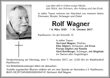 Traueranzeige von Rolf Wagner von Allgäuer Zeitung, Kaufbeuren/Buchloe