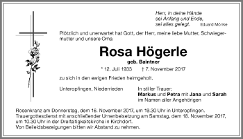 Traueranzeige von Rosa Högerle von Memminger Zeitung