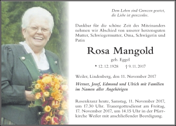 Traueranzeige von Rosa Mangold von Der Westallgäuer
