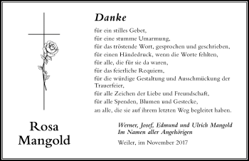 Traueranzeige von Rosa Mangold von Der Westallgäuer