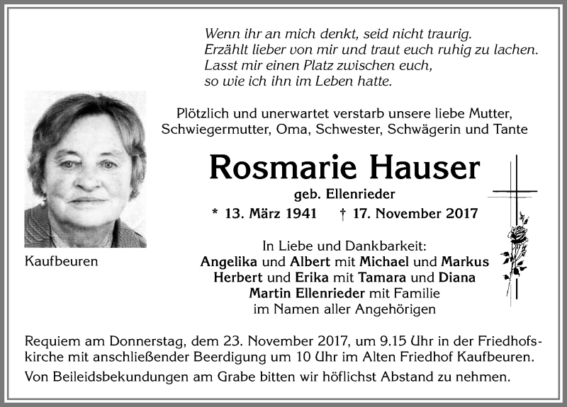  Traueranzeige für Rosmarie Hauser vom 22.11.2017 aus Allgäuer Zeitung, Kaufbeuren/Buchloe