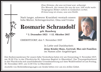 Traueranzeige von Rosmarie Schraudolf von Allgäuer Anzeigeblatt