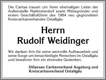 Traueranzeige von Rudolf Weidinger von Allgäuer Zeitung, Marktoberdorf