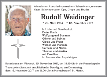 Traueranzeige von Rudolf Weidinger von Allgäuer Zeitung, Marktoberdorf