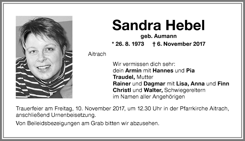  Traueranzeige für Sandra Hebel vom 09.11.2017 aus Memminger Zeitung