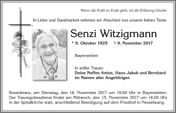 Traueranzeige von Senzi Witzigmann von Allgäuer Zeitung, Füssen