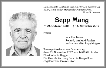 Traueranzeige von Sepp Mang von Allgäuer Zeitung,Kempten