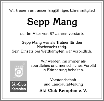 Traueranzeige von Sepp Mang von Allgäuer Zeitung,Kempten
