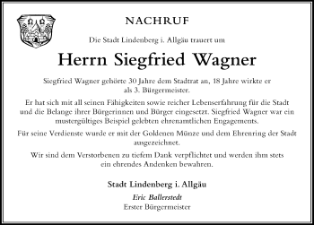 Traueranzeige von Siegfried Wagner von Der Westallgäuer