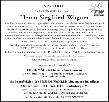 Traueranzeige von Siegfried Wagner von Der Westallgäuer