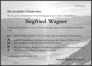 Traueranzeige von Siegfried Wagner von Der Westallgäuer