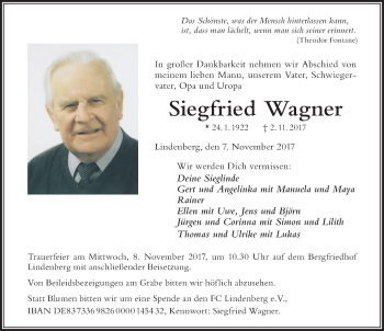 Traueranzeige von Siegfried Wagner von Der Westallgäuer