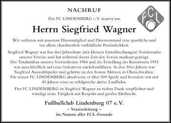 Traueranzeige von Siegfried Wagner von Der Westallgäuer
