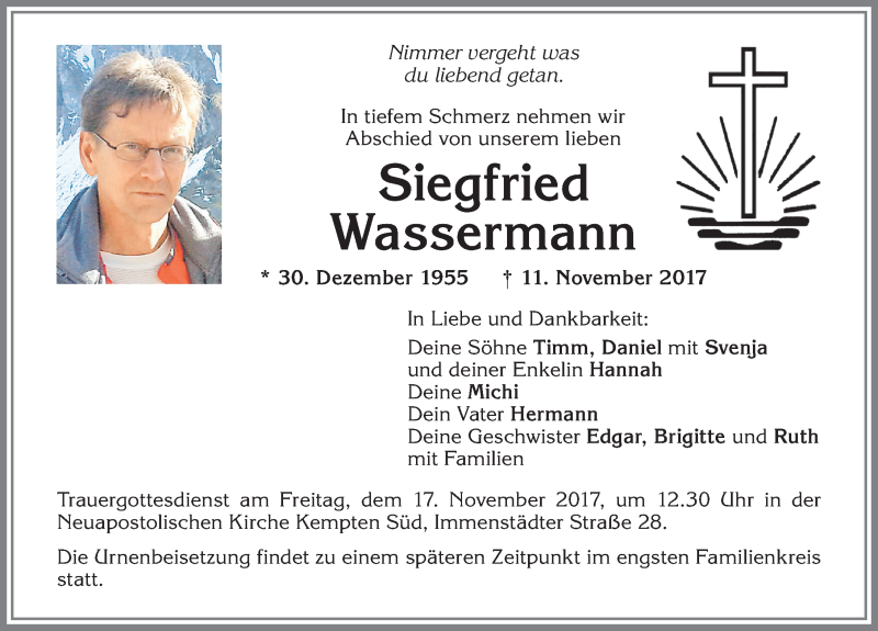  Traueranzeige für Siegfried Wassermann vom 15.11.2017 aus Allgäuer Zeitung,Kempten