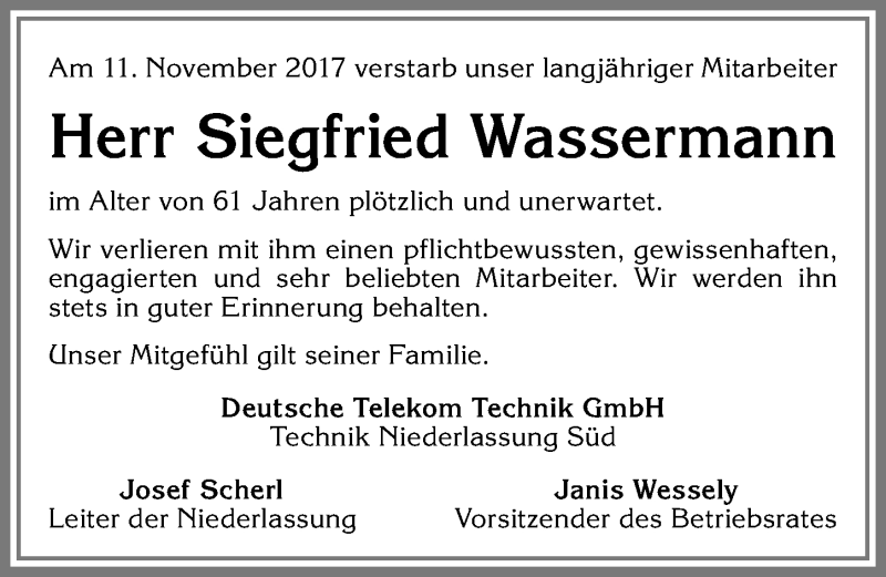  Traueranzeige für Siegfried Wassermann vom 16.11.2017 aus Allgäuer Zeitung,Kempten