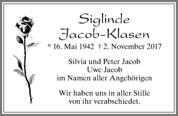 Traueranzeige von Siglinde Jacob-Klasen von Allgäuer Zeitung, Füssen