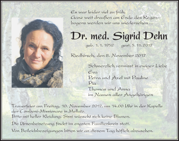 Traueranzeige von Sigrid Dehn von Der Westallgäuer