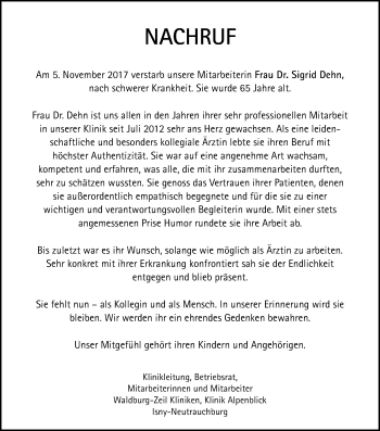 Traueranzeige von Sigrid Dehn von Der Westallgäuer