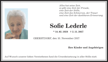 Traueranzeige von Sofie Lederle von Allgäuer Anzeigeblatt