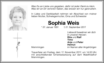 Traueranzeige von Sophia Weis von Memminger Zeitung