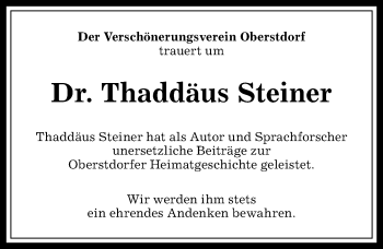 Traueranzeige von Thaddäus Steiner von Allgäuer Anzeigeblatt