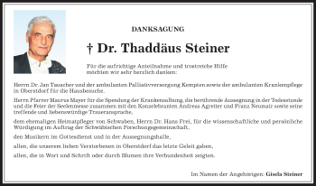 Traueranzeige von Thaddäus Steiner von Allgäuer Anzeigeblatt