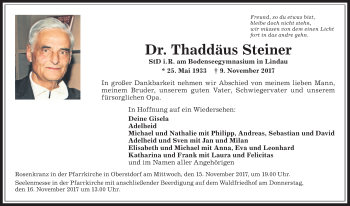 Traueranzeige von Thaddäus Steiner von Allgäuer Anzeigeblatt