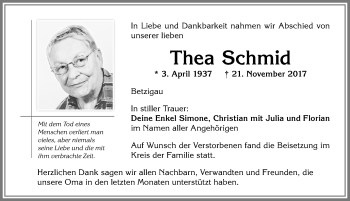 Traueranzeige von Thea Schmid von Allgäuer Zeitung,Kempten