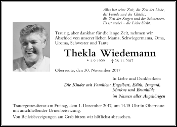 Traueranzeige von Thekla Wiedemann von Der Westallgäuer
