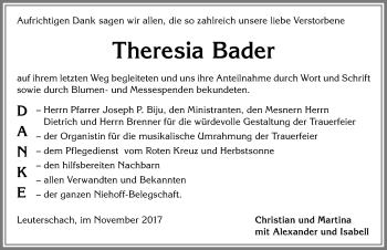 Traueranzeige von Theresia Bader von Allgäuer Zeitung, Marktoberdorf