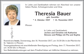 Traueranzeige von Theresia Bauer von Allgäuer Zeitung, Kaufbeuren/Buchloe