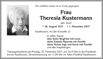 Traueranzeige von Theresia Kustermann von Allgäuer Zeitung, Kaufbeuren/Buchloe