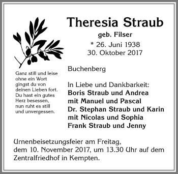 Traueranzeige von Theresia Straub von Allgäuer Zeitung,Kempten