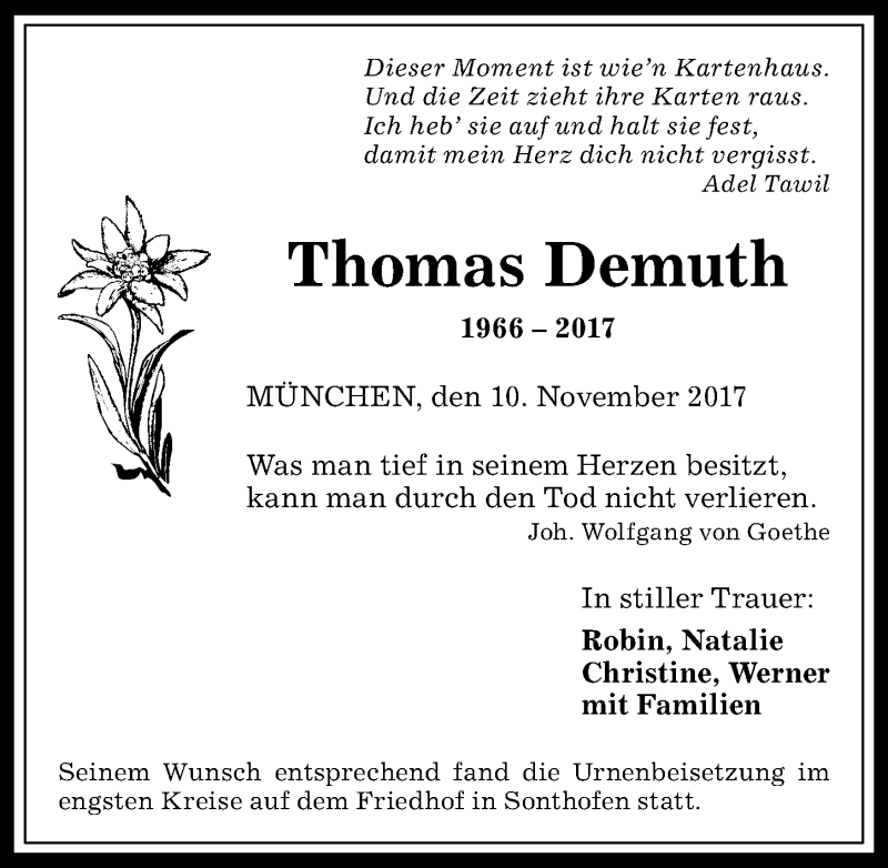  Traueranzeige für Thomas Demuth vom 10.11.2017 aus Allgäuer Anzeigeblatt