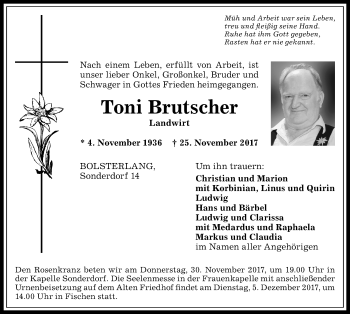 Traueranzeige von Toni Brutscher von Allgäuer Anzeigeblatt