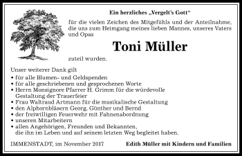 Traueranzeige von Toni Müller von Allgäuer Anzeigeblatt